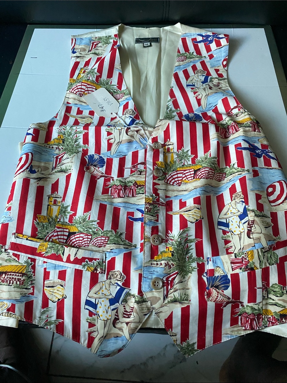 Steve Scheiner  Striped Beach Print Button-Up Vest in Red, White & Blue Sz M